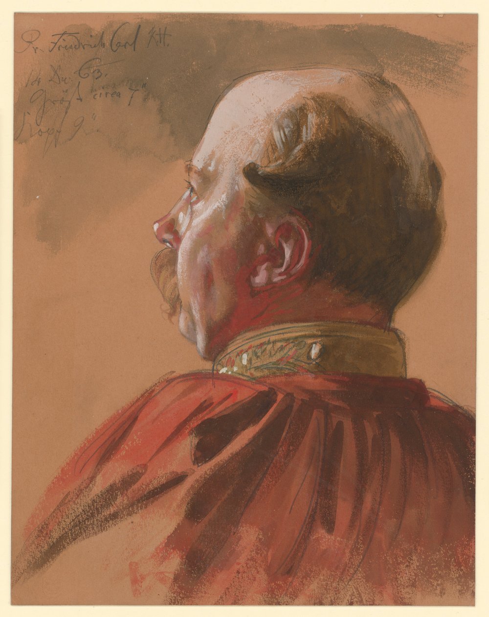 Friedrich Karl Prinz von Preußen, halb überschnittenes Profil nach links, Porträtstudie zu "Die Krönung Wilhelms I. in Königsberg" von Adolph Menzel