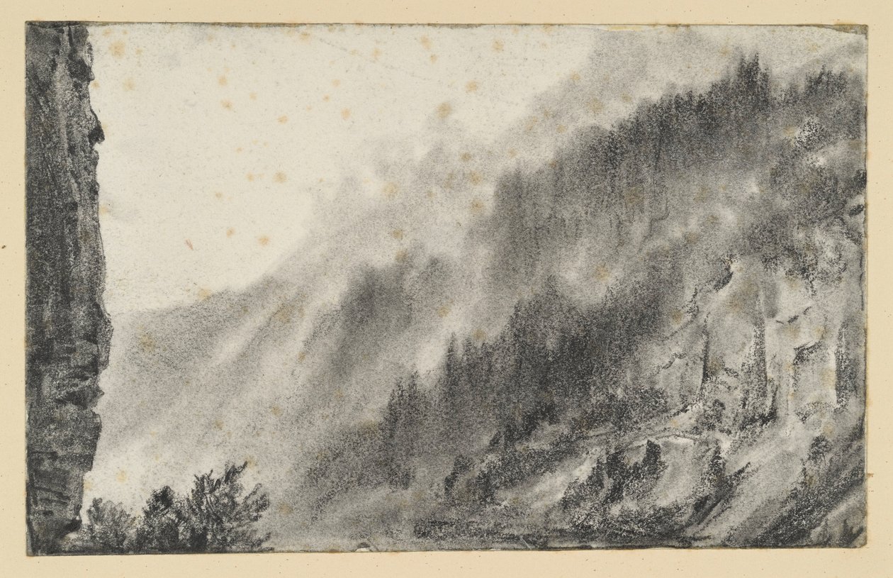 Gebirgslandschaft mit wabernden Nebeln, links aufragende Felswand von Adolph Menzel