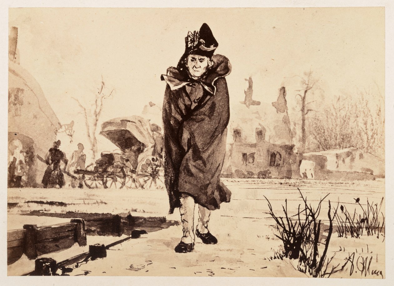 Gerichtsrat Walther kommt, in seinen Mantel gehüllt, nach vorn. Hinten sein ausgeschirrter Reisewagen, zu Heinrich von Kleist "Der zerbrochene Krug" von Adolph Menzel