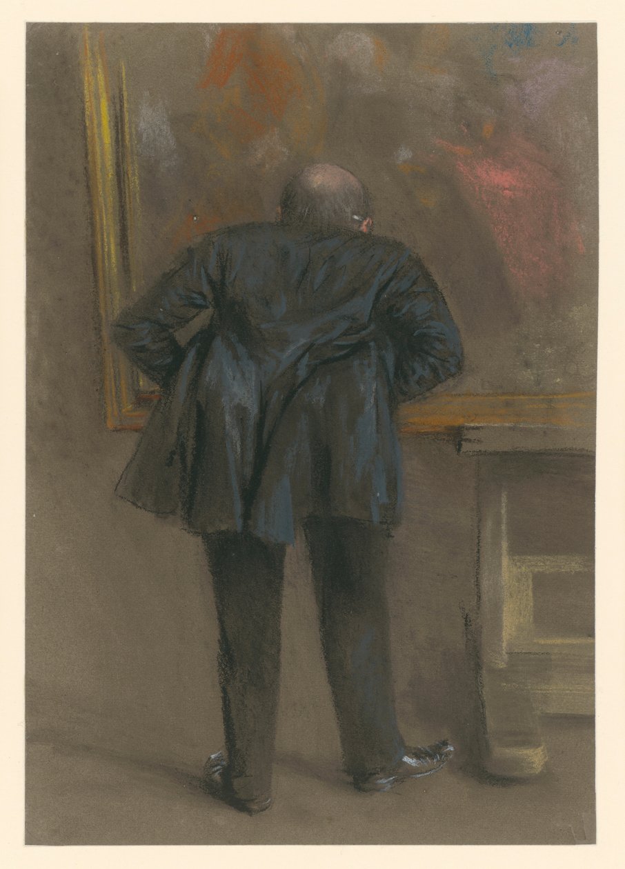 Herr vorgebeugt vor einem Bild stehend, Rückenfigur von Adolph Menzel