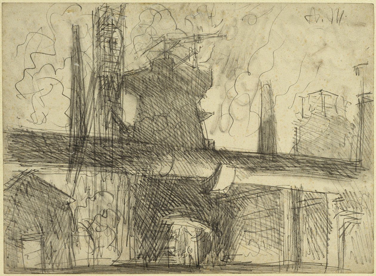 Hochofen, Schornsteine, Leitungsrohr in Königshütte von Adolph Menzel