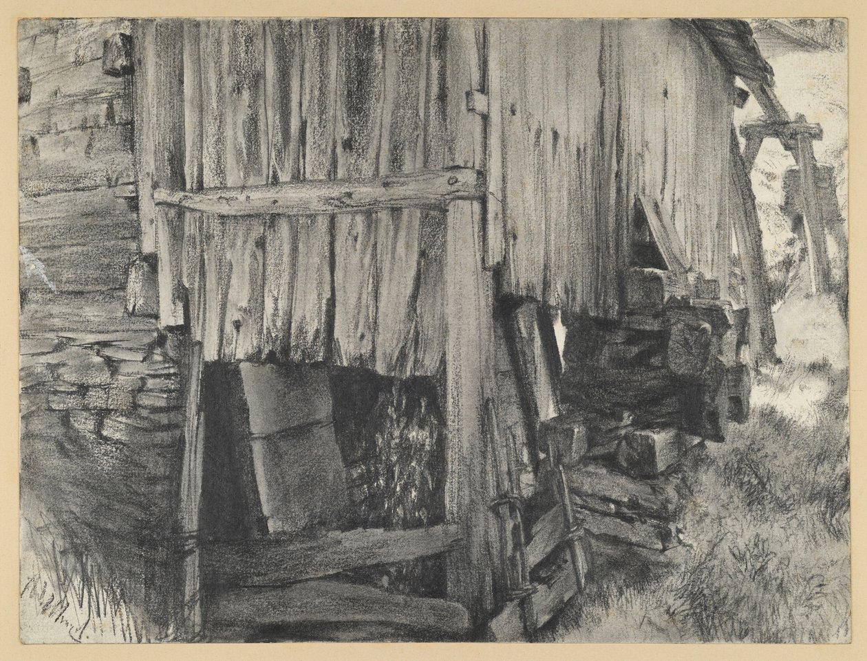 Holzverschlag um ein Mühlrad von Adolph Menzel