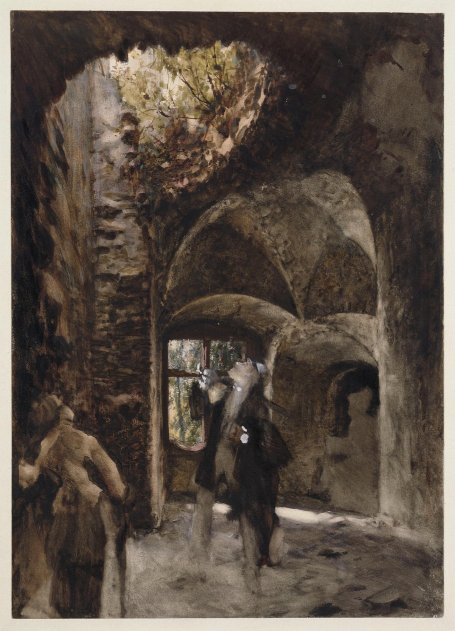 In der Ruine, ein Herr und eine Dame stehen auf einem Treppenabsatz und blicken zu einem großen Loch im Gewölbe empor von Adolph Menzel