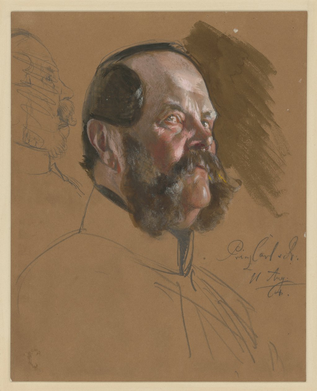 Karl Prinz von Preussen, Brustbild, 3/4-Profil nach rechts in Untersicht, l.: Gesicht im Profil nach rechts (durchgestrichen), Porträtstudie zu "Die Krönung Wilhelms I. in Königsberg" von Adolph Menzel