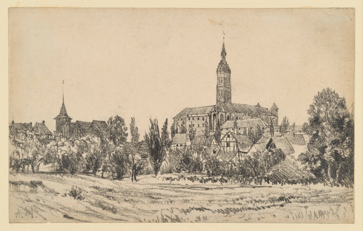 Kleines Städtchen mit hohem Kirchturm von Adolph Menzel