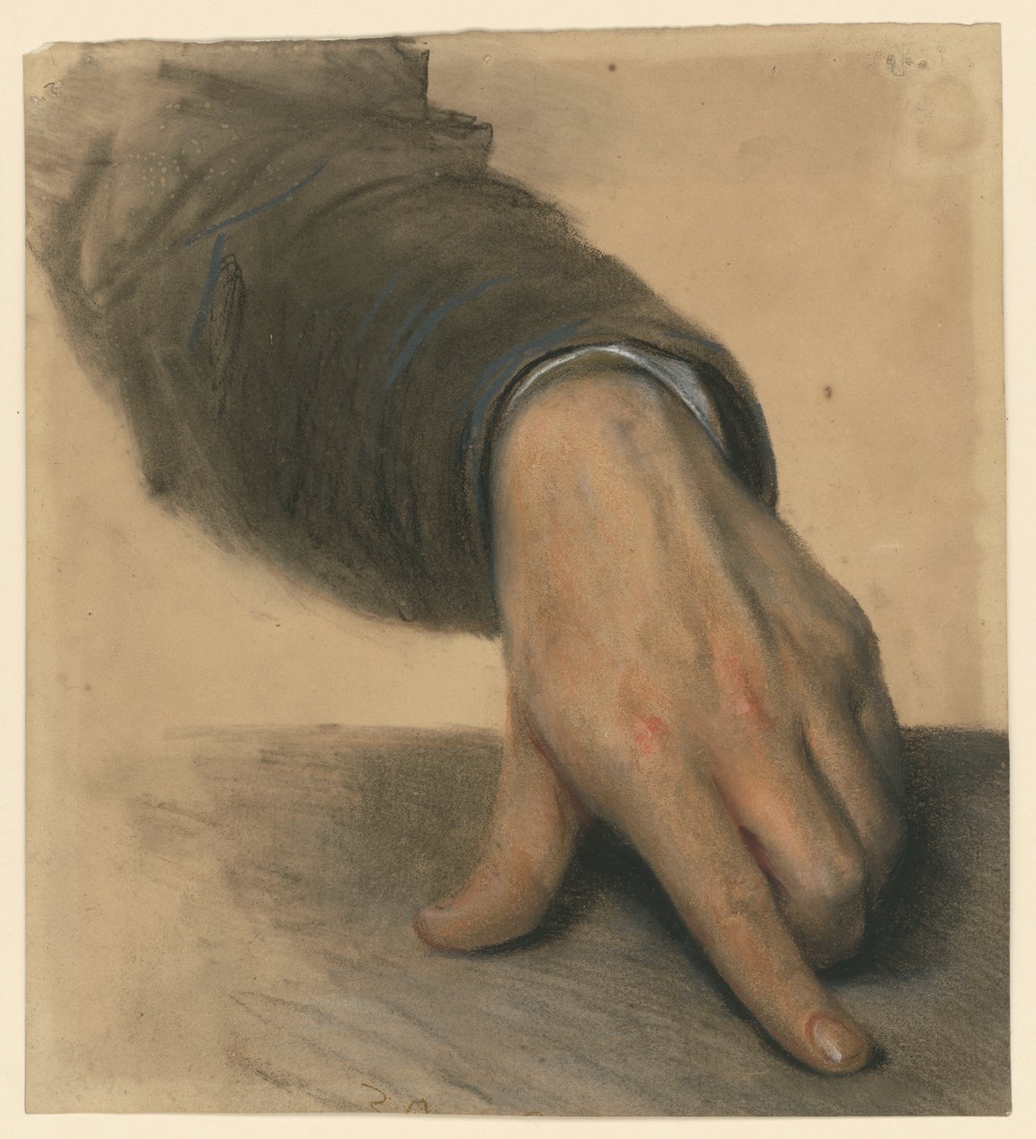 Linke Hand mit Unterarm im Ärmel, Daumen und Zeigefinger auf eine Fläche ausgestreckt von Adolph Menzel