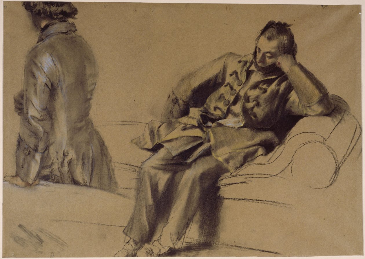 Mann im Schnürrock auf dem Sofa sitzend, ein zweiter gehend von Adolph Menzel