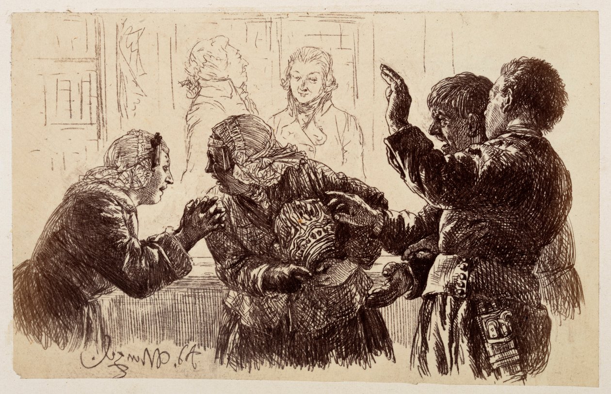 Marthe mit den Krugscherben im Arm, steht zwischen Veit und Ruprecht und Eve fleht die Mutter an, von der Klage abzusehen, zu Heinrich von Kleist "Der zerbrochene Krug" von Adolph Menzel
