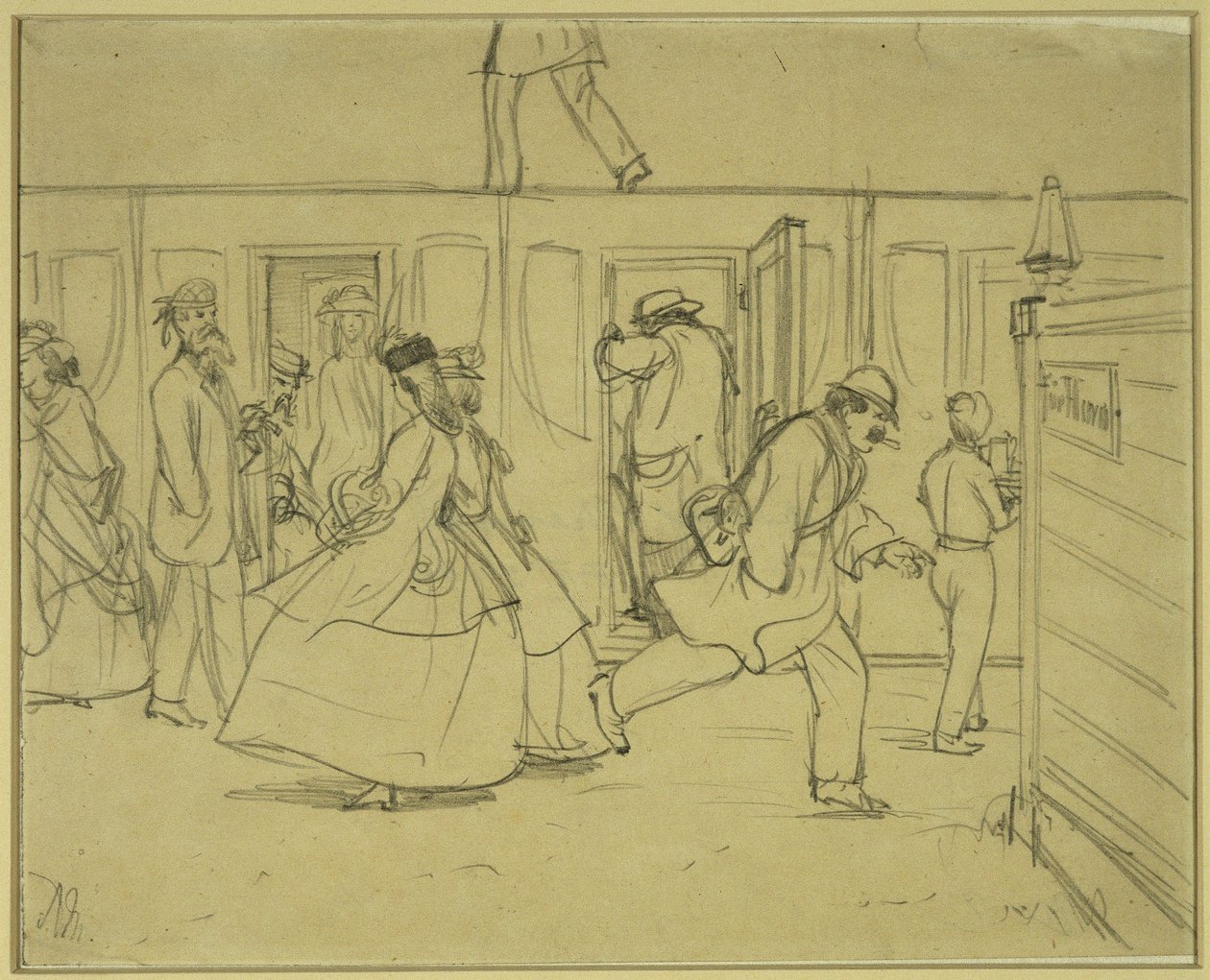Reisende an der Bahnstation („Für Herren“) von Adolph Menzel