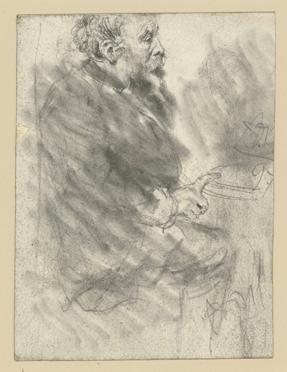 Sitzender bärtiger Mann, nach rechts, den Zeigefinger der rechten Hand ausgestreckt auf der Tischplatte haltend von Adolph Menzel