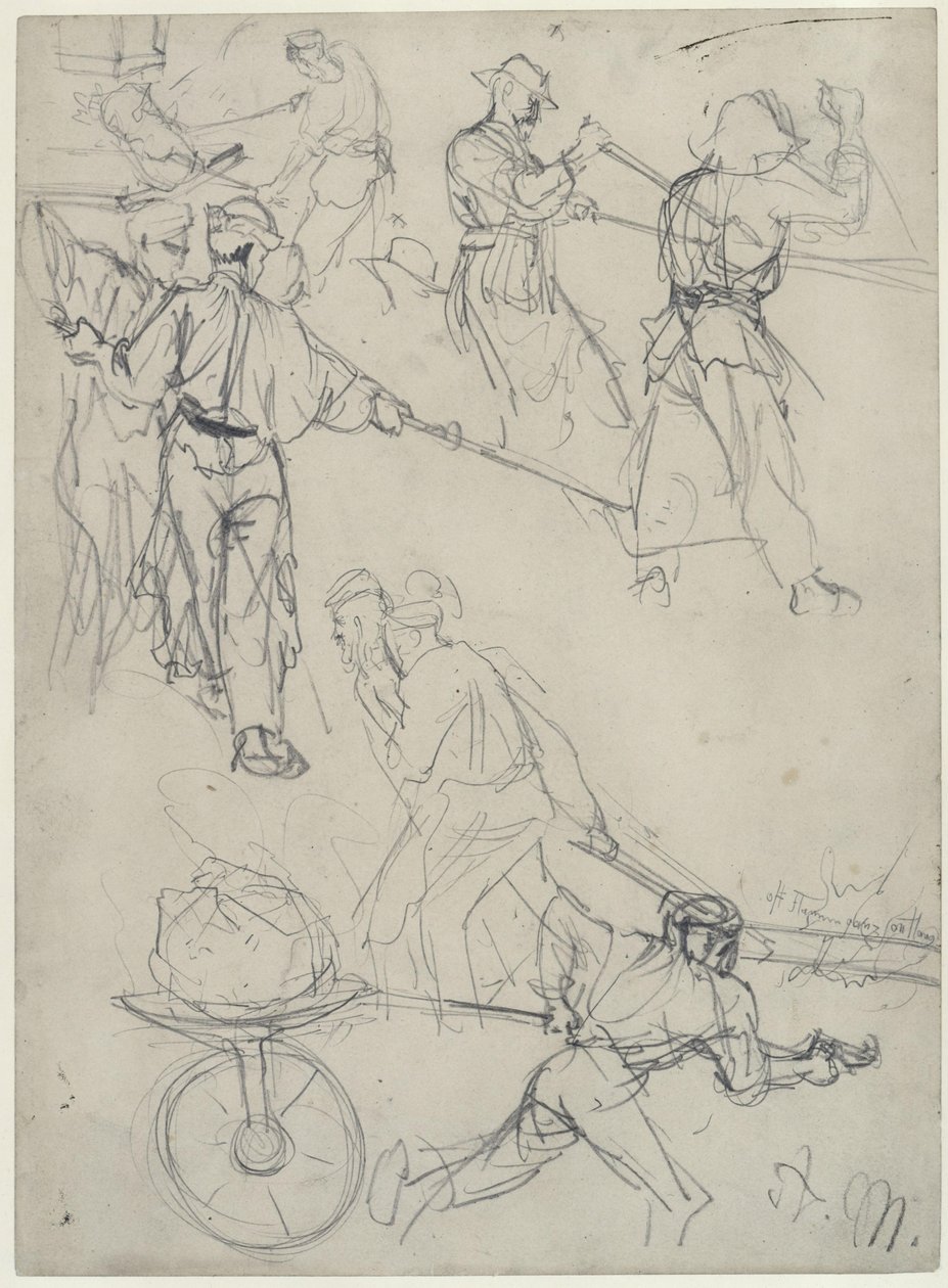 Skizzen von Arbeitern bei verschiedenen Tätigkeiten im Walzwerk. Studie zum "Eisenwalzwerk. Moderne Zyklopen" von Adolph Menzel