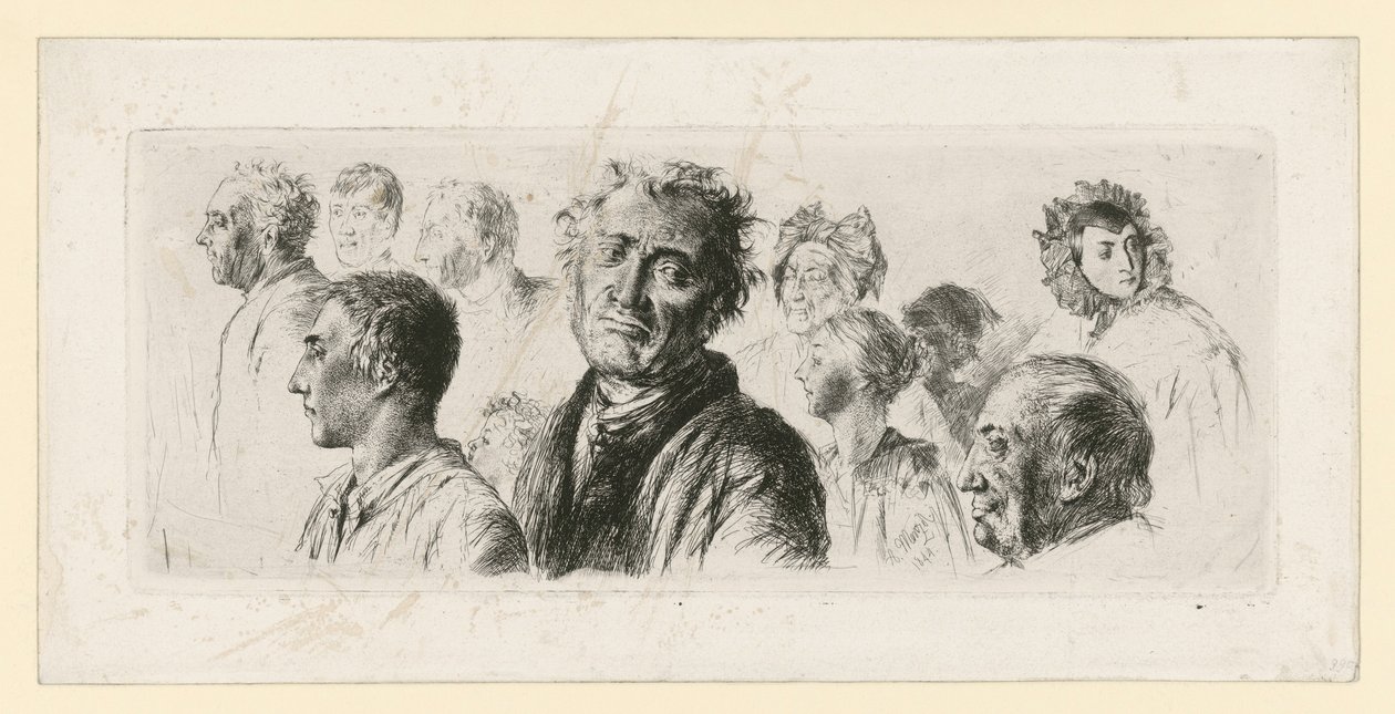 Studienblatt aus dem Irrenhaus. Zehn Köpfe, meist nach links von Adolph Menzel