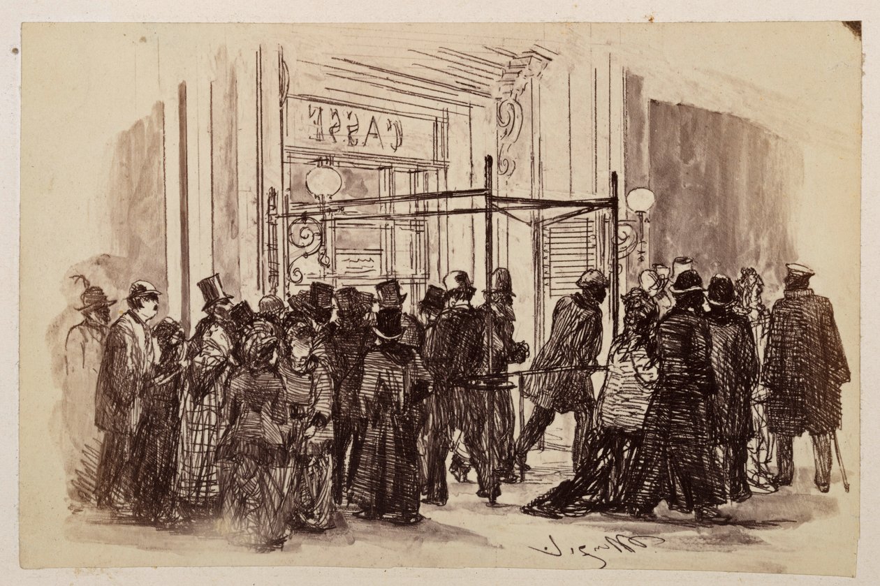 Theaterkasse, die Käufer schieben sich von rechts an die erleuchtete Kasse und entfernen sich nach links, zu Heinrich von Kleist "Der zerbrochene Krug" von Adolph Menzel