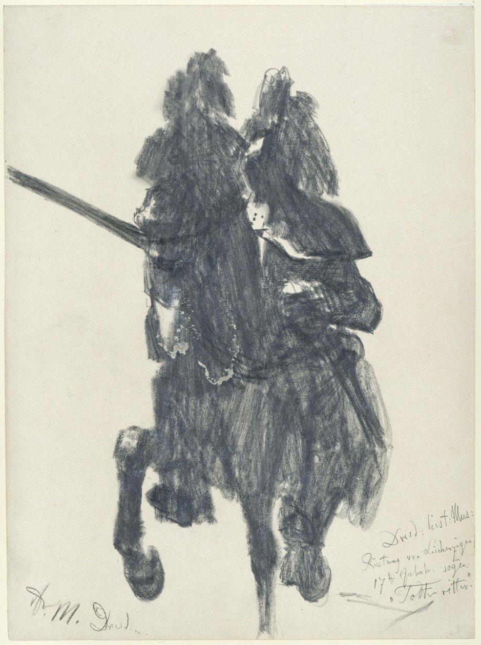 "Todtenritter". Reiterfigur mit Turnierharnisch vom Ende des 16. Jh. und Lanze im Historischen Museum in Dresden von Adolph Menzel