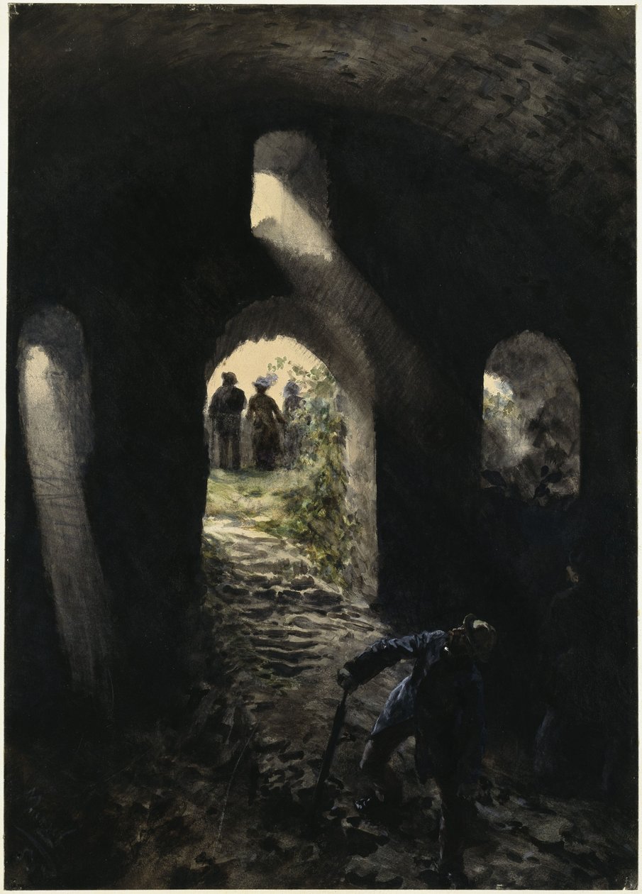 Touristen in der Ruine Rheinfels von Adolph Menzel