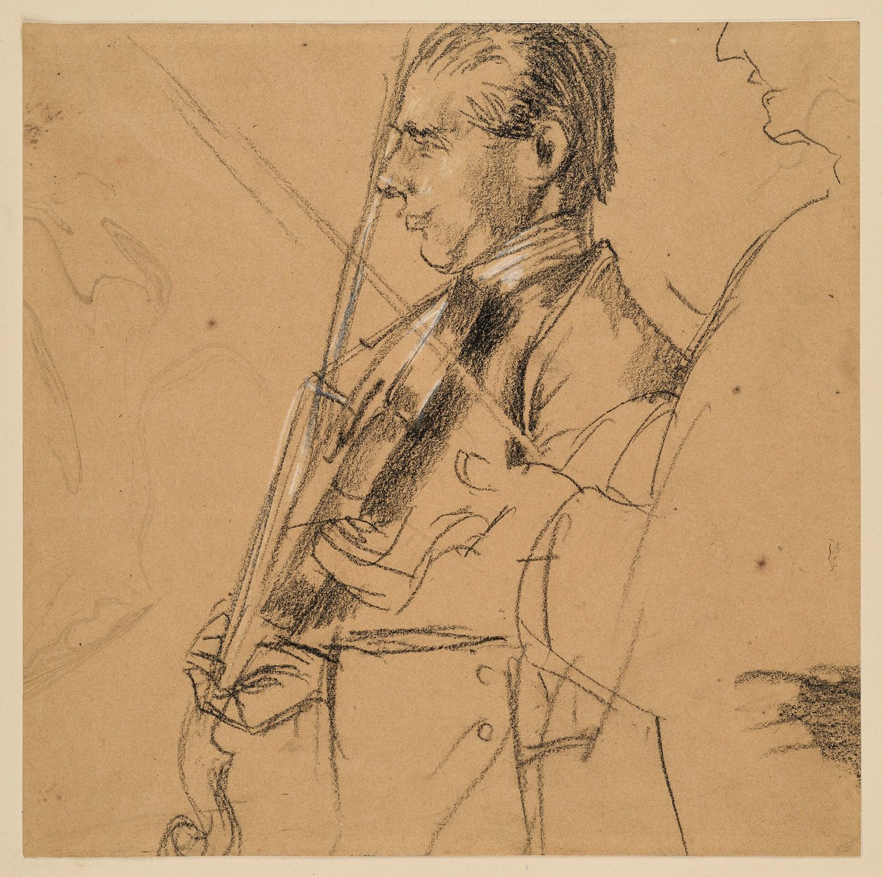 Violinspieler. Halbfigur. Profil nach links. Rechts Profilskizze. Vorstudie zum Gemälde "Flötenkonzert Friedrichs des Großen in Sanssouci" von Adolph Menzel