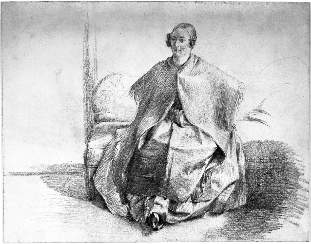 Weibliche Kostümfigur mit Umschlagtuch, auf einem Sofa sitzend von Adolph Menzel