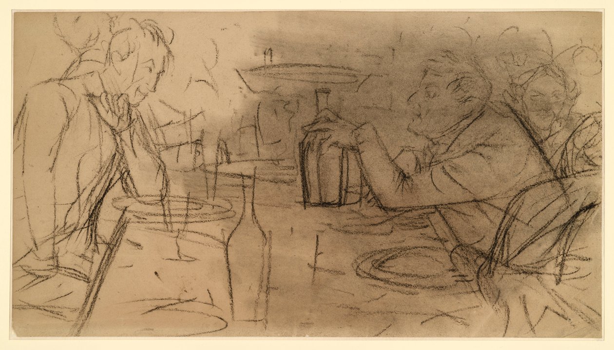 Zwei Herren am Wirtshaustisch einander gegenüber sitzend in Unterhaltung von Adolph Menzel