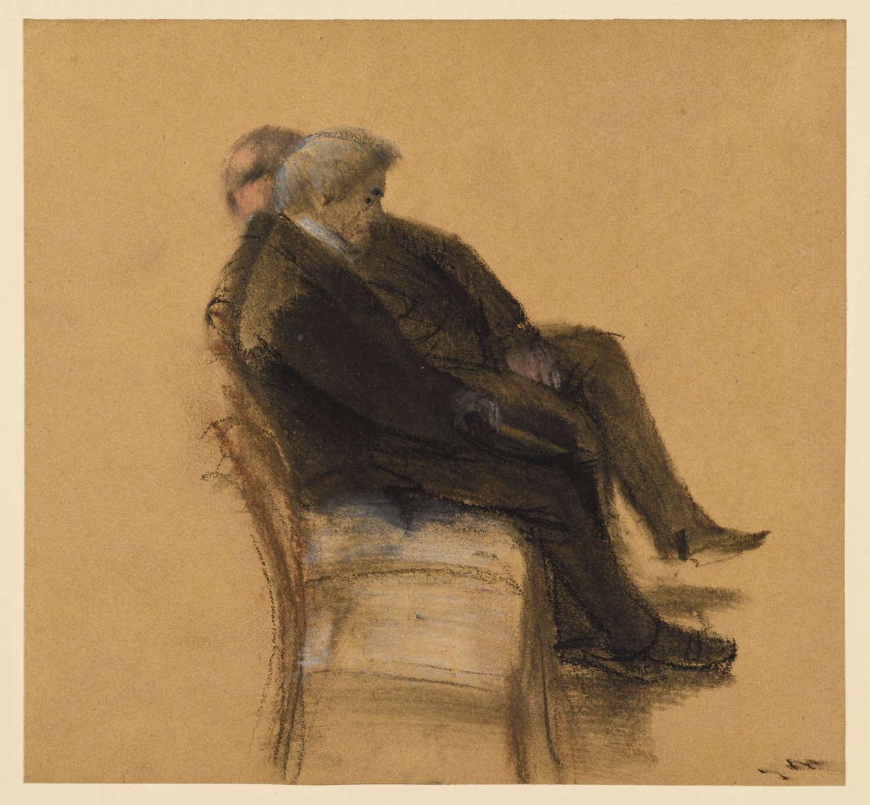 Zwei Herren in schwarzen Anzügen nebeneinander sitzend von Adolph Menzel