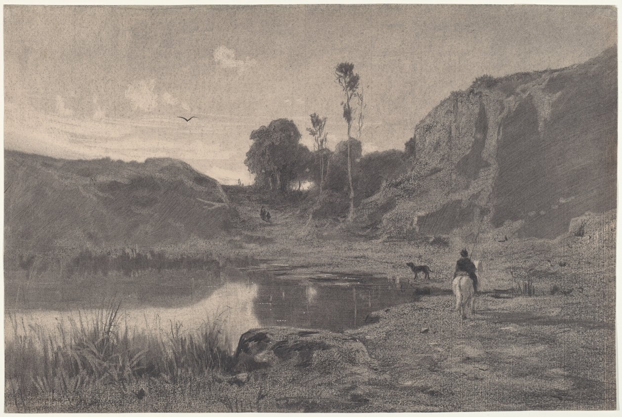 Ein Reiter an einem Bergteich bei Sonnenuntergang von Adolphe Appian