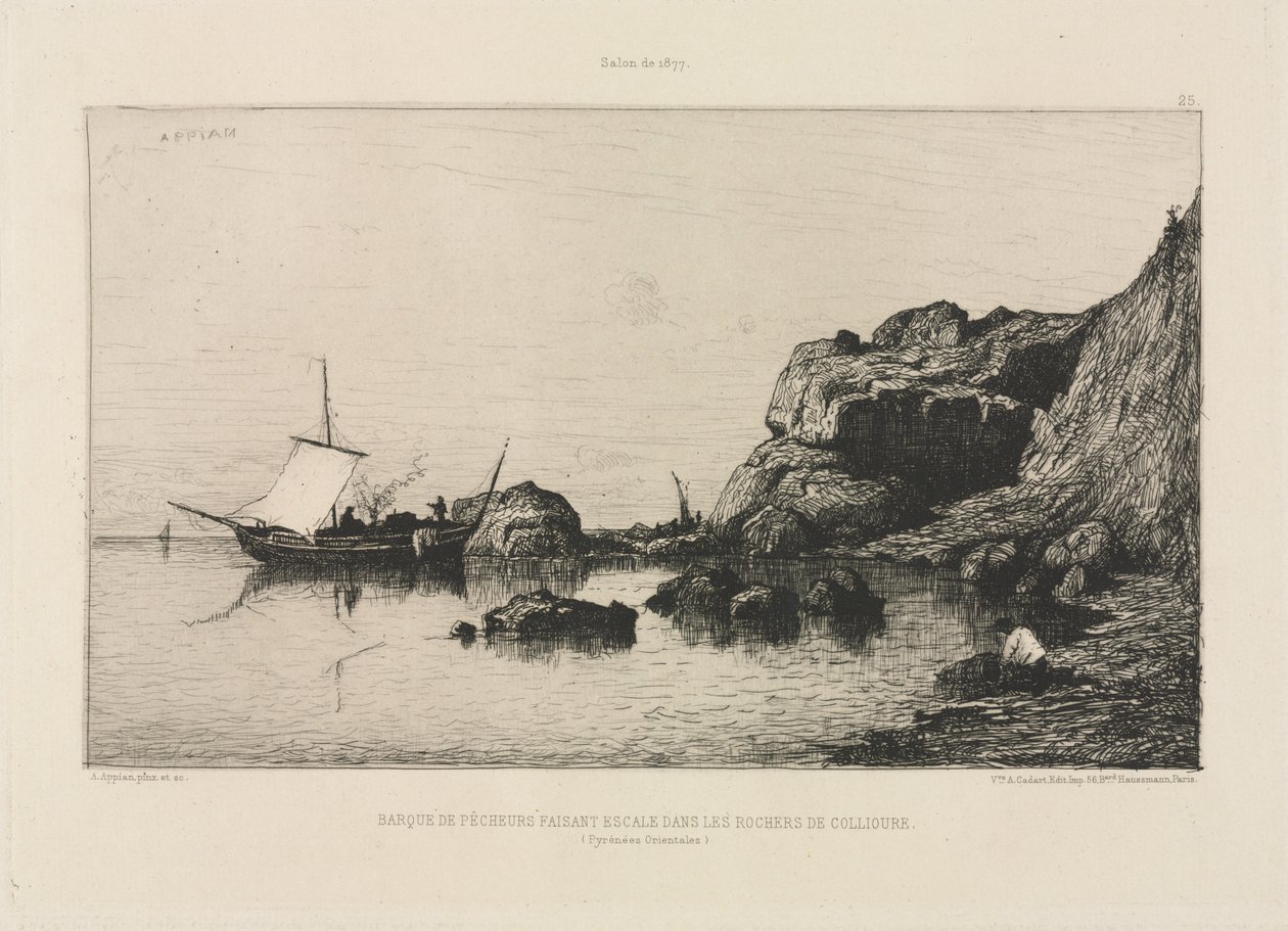 Fischerboot macht einen Hafenstopp an den Felsen von Collioure von Adolphe Appian