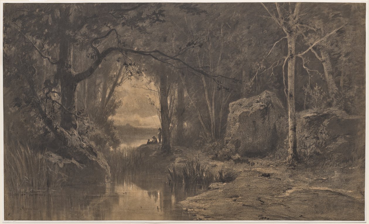 Drei Fischer am Ufer eines Flusses am Waldrand von Adolphe Appian