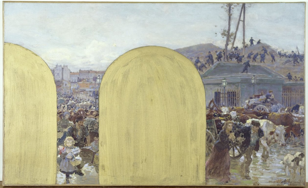 Skizze für das Kabinett des Präfekten des Hôtel de Ville de Paris: Die Rückkehr der Bewohner der Vororte nach Paris: Die Belagerung von Paris 1870, 1895 von Adolphe Gustave Binet
