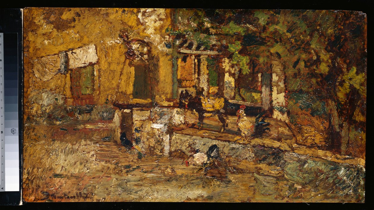 Bauernhof mit einem Esel und Hähnen von Adolphe Joseph Thomas Monticelli