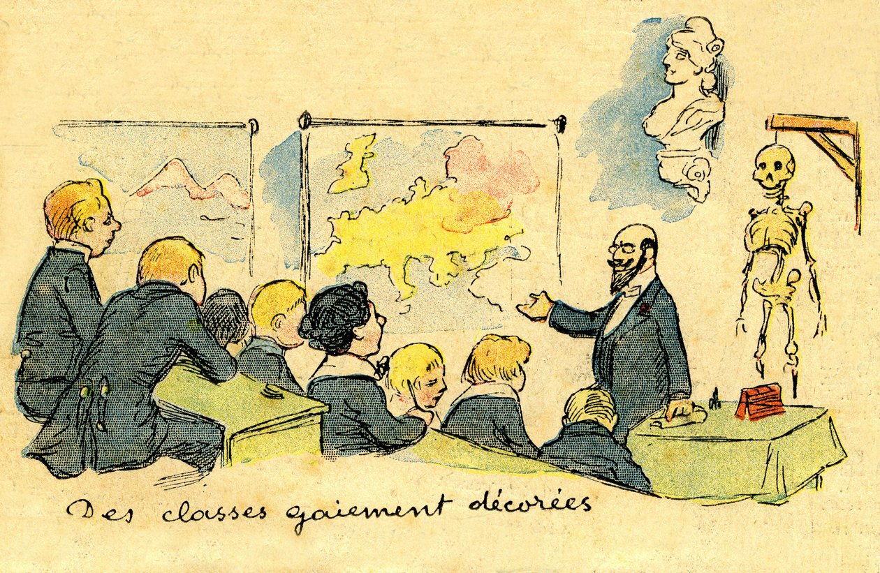 Klassenzimmerlehrer vor Schülern in Uniform, in einem „fröhlich dekorierten“ Raum (Geografiekarten, Büste von Marianne und... Skelett!) im Jahr 1900. Zeichnung von A. Wilette im illustrierten Supplement zur Depeche de Toulouse Nr. 41, 12. Oktober von Adolphe Leon Willette