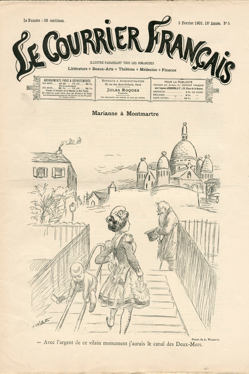 Titelblatt von „Le Courrier français“, Nummer 5, Satirisch in Schwarz-Weiß von Adolphe Leon Willette