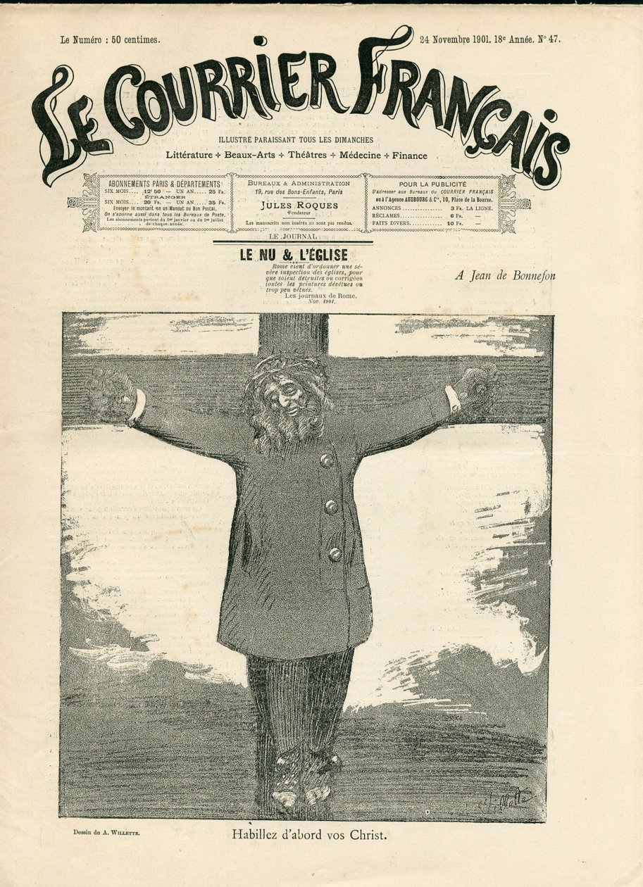 Cover von „The Courier francais“, Nummer 47, Satirisch in Schwarz-Weiß von Adolphe Leon Willette