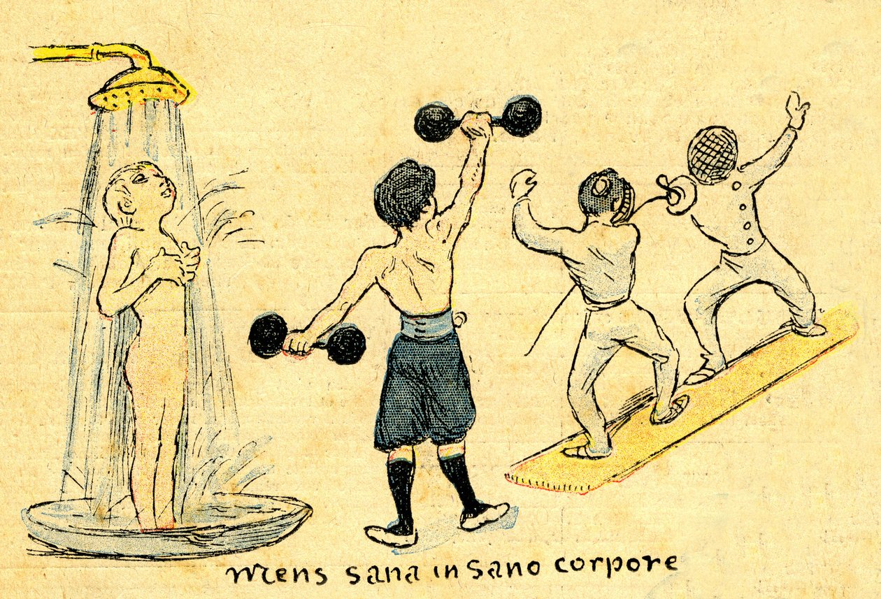 Hygiene und Sport. „Mens sana in sano corpore“. Zeichnung von A. Wilette im illustrierten Supplement zur Depeche de Toulouse Nr. 41, 12. Oktober von Adolphe Leon Willette