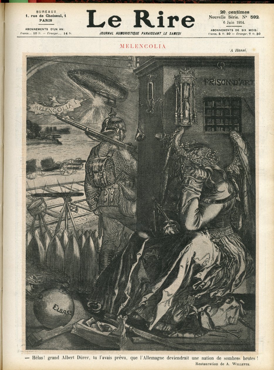 Illustration von Adolphe dit Willette (1857-1926) für das Cover von Le Lire, 06/06/14 - „Ach, großer Albrecht Dürer, du hast vorausgesagt, dass Deutschland ein Land der dunklen Barbaren werden würde!“ - Melancholie - Krieg, Deutschland Preußen - Dürer von Adolphe Leon Willette