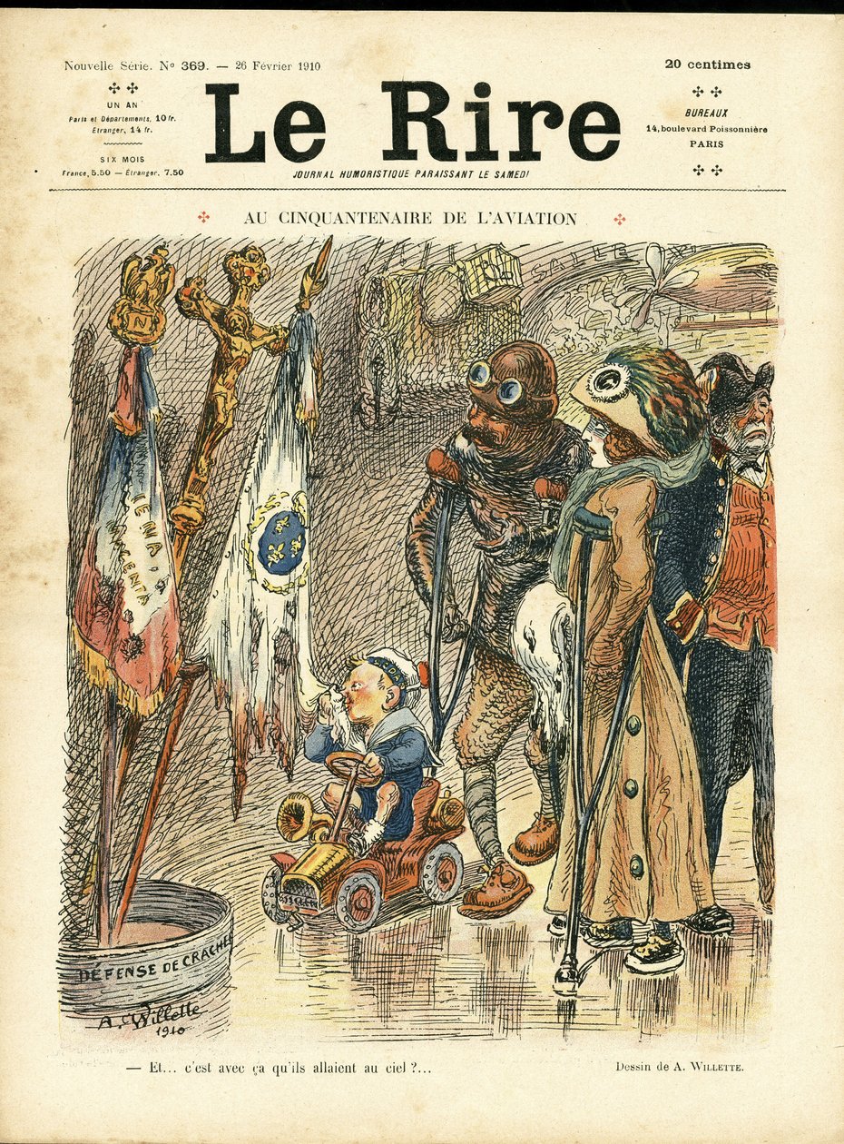 Illustration von Adolphe dit Willette (1857-1926) für das Cover von Le Rire, 26/02/10 - Zum fünfzigsten Jahrestag der Luftfahrt - Luftfahrt, Mode, Hut, Unfälle Katastrophen von Adolphe Leon Willette