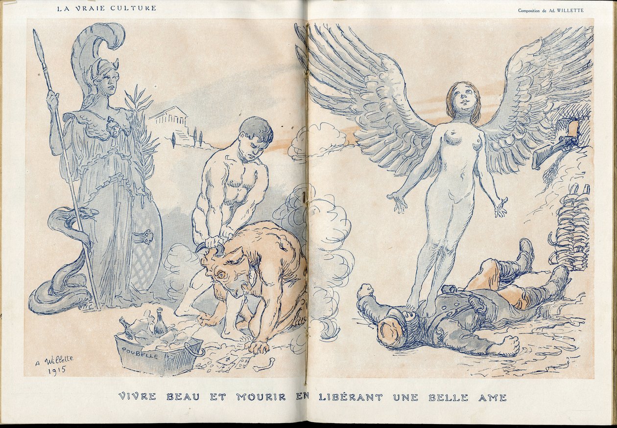 Illustration von Adolphe dit Willette (1857-1926) in „Fantasio“, 01/05/15 - Schön leben und sterben, indem man eine schöne Seele freigibt - Krieg von 14-18, Tote Leichen, Barbarei/Kultur, Marmelade aus Schädeln - Soldaten von Adolphe Leon Willette