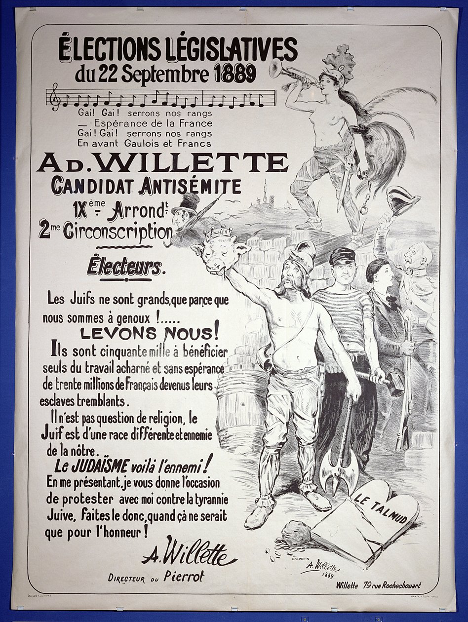 Plakat zur Förderung der Wahl des Künstlers bei den Parlamentswahlen im September 1889 von Adolphe Leon Willette