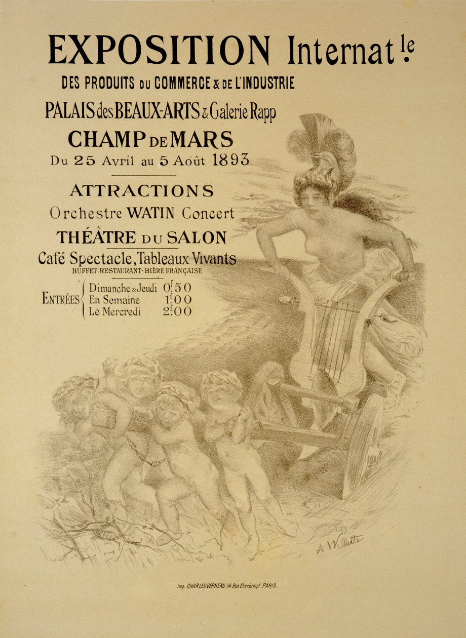 Reproduktion eines Plakats, das eine Internationale Ausstellung von Handels- und Industrieprodukten bewirbt, Palais des Beaux-Arts und Galerie Rapp, Champ de Mars, Paris, 1893 von Adolphe Leon Willette