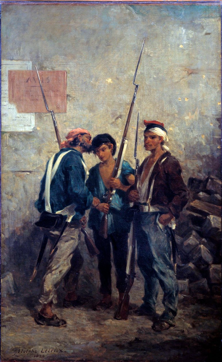 Revolution von 1848: „Das Schlagwort“ Pariser Aufständische verbreiten das Wort in der Nähe der Barrikaden am 24.02.1848 von Adolphe Pierre Leleux