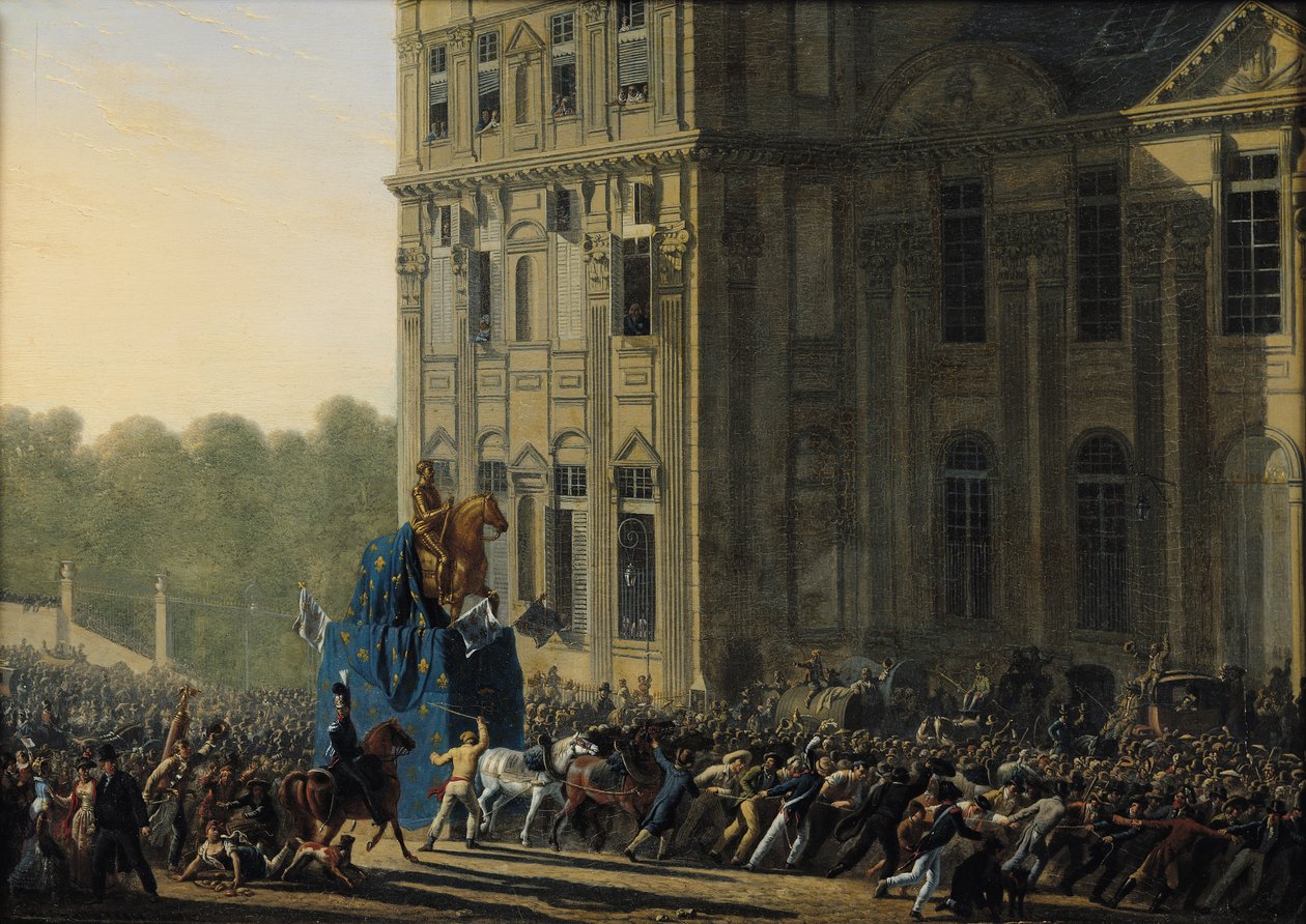 Transport der Statue von Henri IV (1553-1610) vor dem Flora-Pavillon des Louvre, 1818 von Adolphe Roehn