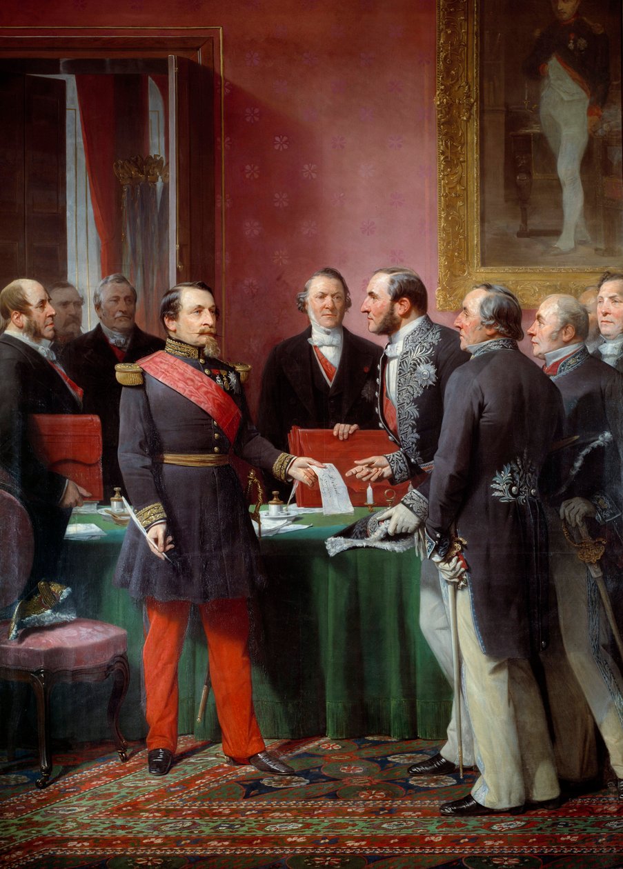 Kaiser Napoleon III. (1808-1873) übergibt Baron Georges Haussmann (1809-1891) das Dekret zur Annexion der benachbarten Gemeinden im Juni 1859 von Adolphe Yvon