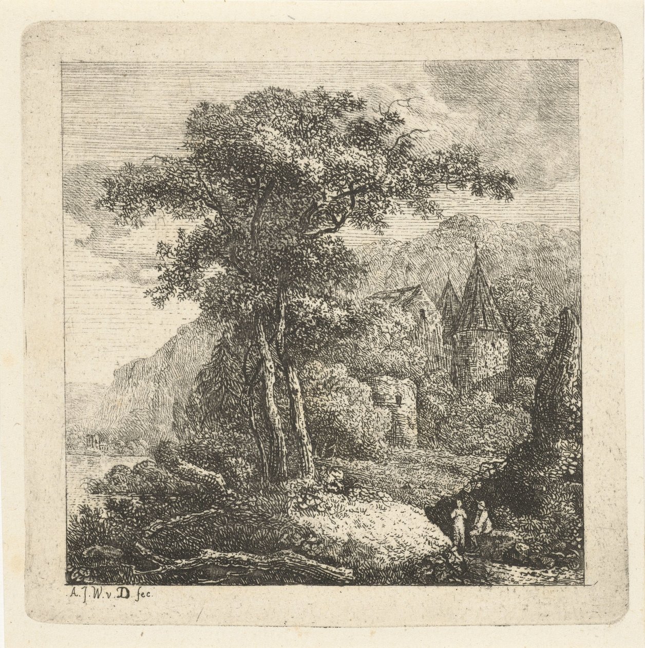 Berglandschaft mit Bäumen, Schloss und zwei Figuren von Adriaan Jacob Willem van Dielen