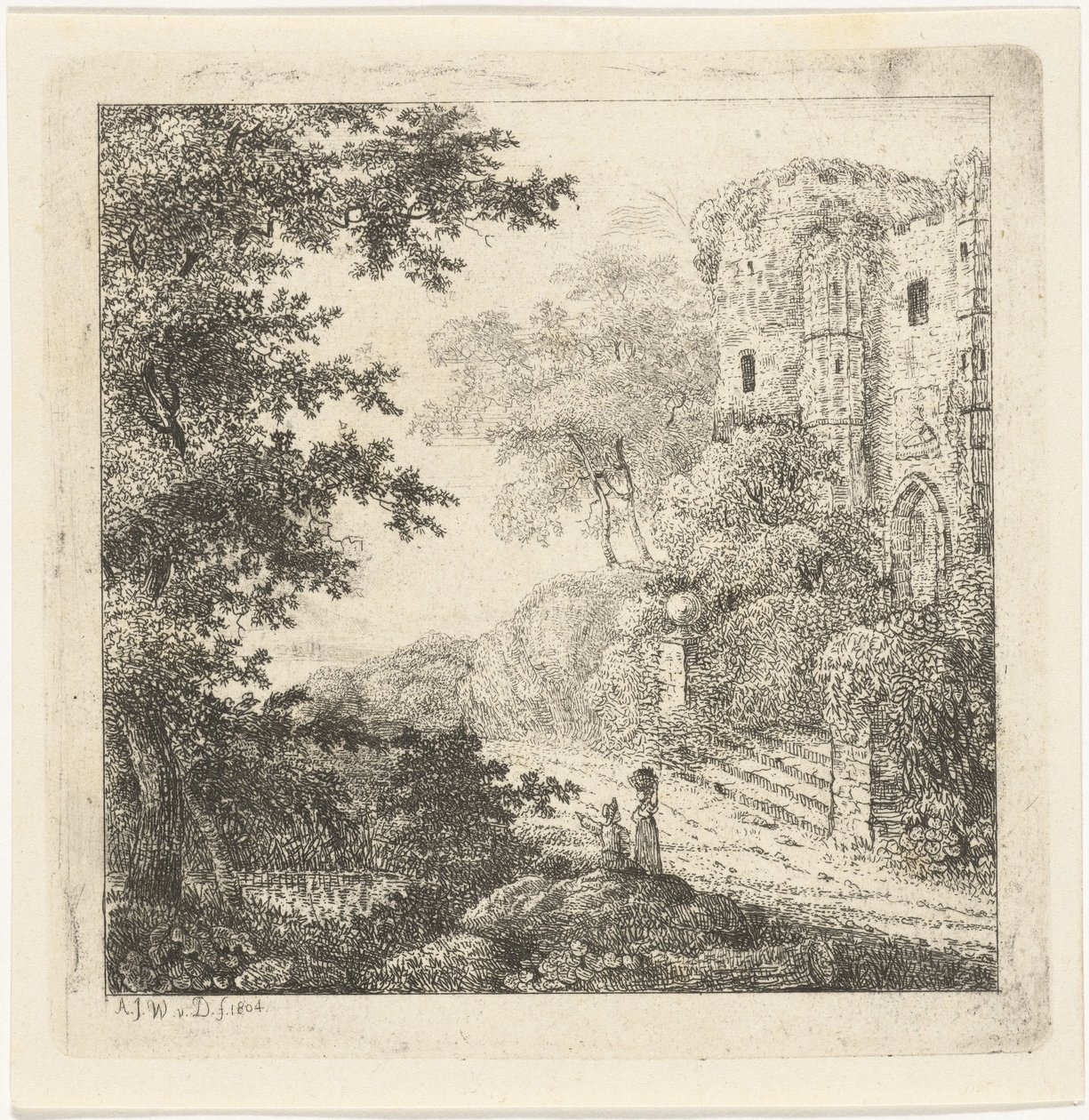 Landschaft mit Figuren bei einer Burgruine von Adriaan Jacob Willem van Dielen