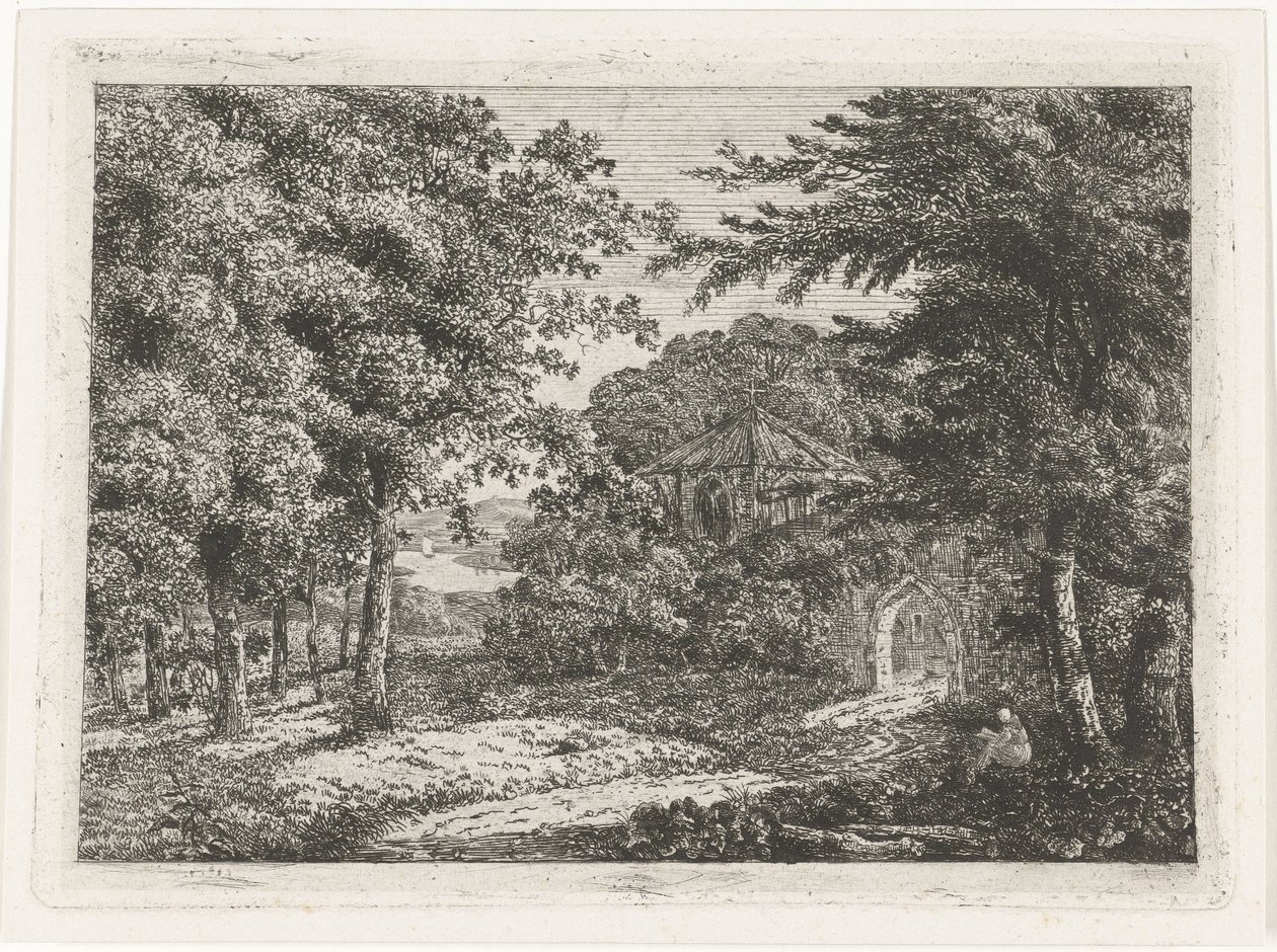 Landschaft mit Kapelle zwischen Bäumen und lesendem Mönch von Adriaan Jacob Willem van Dielen