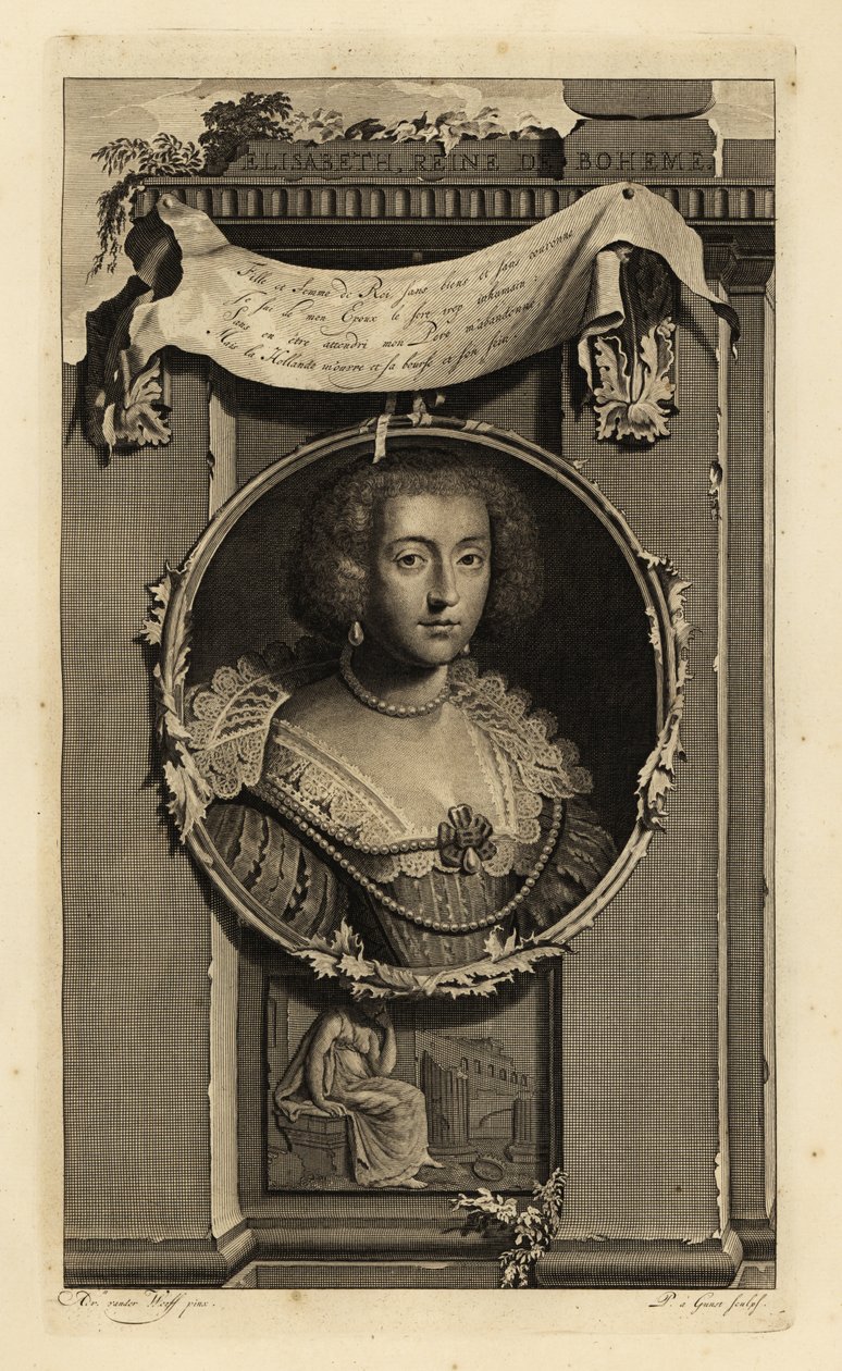 Elisabeth Stuart, Königin von Böhmen, Kurfürstin der Pfalz, Frau von Friedrich V., dem Winterkönig. In Kleid mit gesteppten geschlitzten Ärmeln, Spitzenkragen mit Perlen. Vignette einer Frau, die über eine gefallene Krone nachdenkt. Kupferstich von Charles von Adriaan van der (after) Werff