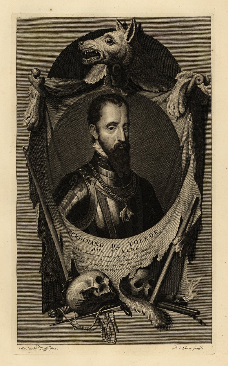 Porträt von Ferdinand Alvarez de Toledo y Pimentel, 3. Herzog von Alba, oder der Eiserne Herzog. In Rüstung mit Kette des Ordens vom Goldenen Vlies. Mit Wolfspelz, menschlichen Schädeln, Schwert, Dolch und Steinschlosspistole. Kupferstich von Adriaan van der (after) Werff