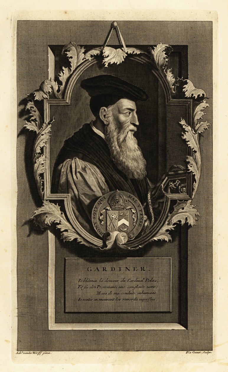 Porträt von Stephen Gardiner, Bischof von Winchester und Politiker. Mit Wappen. Kupferstich von Pieter Stevens van Gunst nach Adriaen van der Werff aus Isaac de Larrey’s Histoire d’Angleterre, d’Ecosse et d’Irlande, Reinier Leers, Rotterdam von Adriaan van der (after) Werff