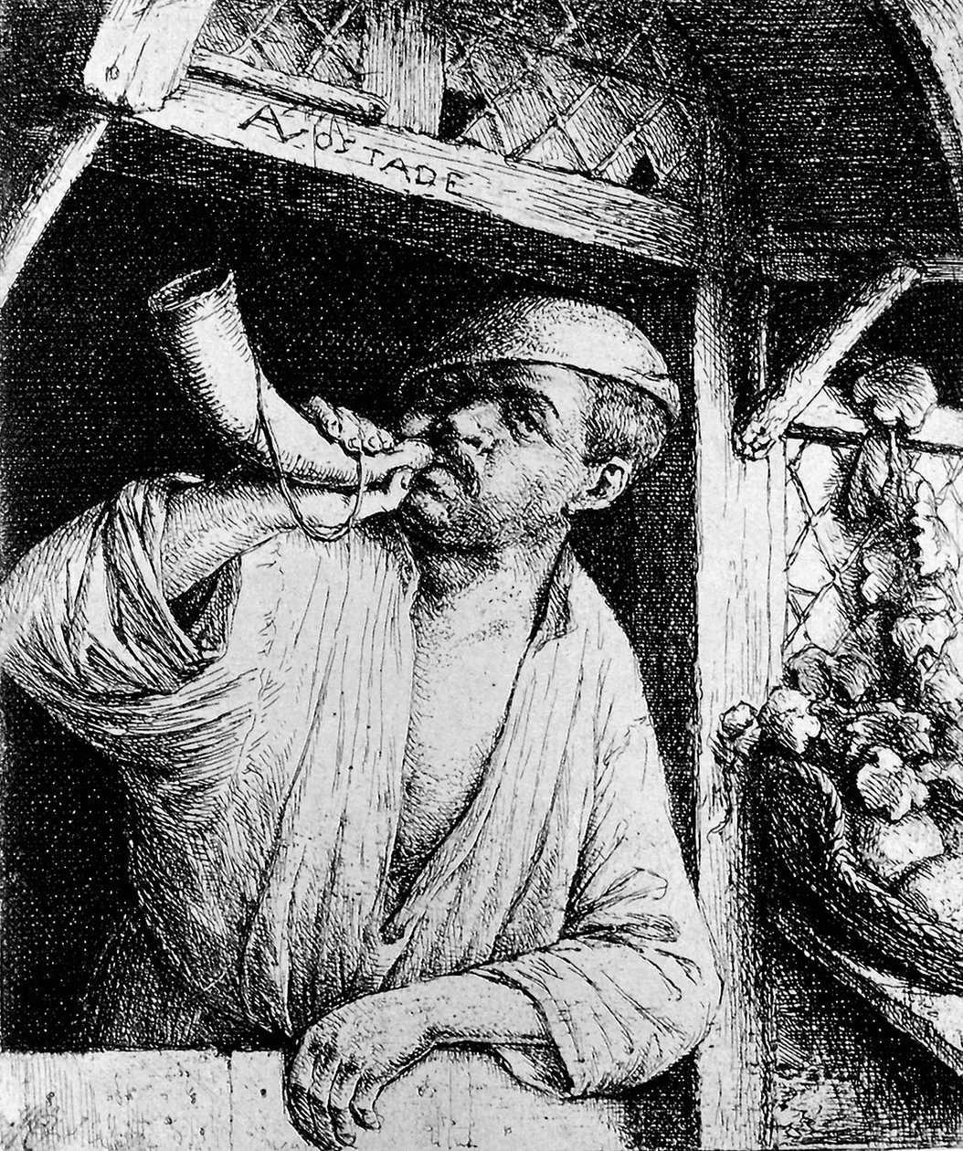 Ein Bäcker bläst sein Horn von Adriaen Jansz. van Ostade