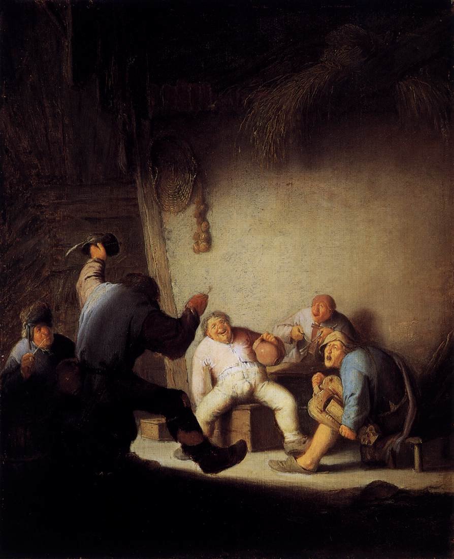 Bauern trinken und musizieren in einer Scheune von Adriaen Jansz. van Ostade