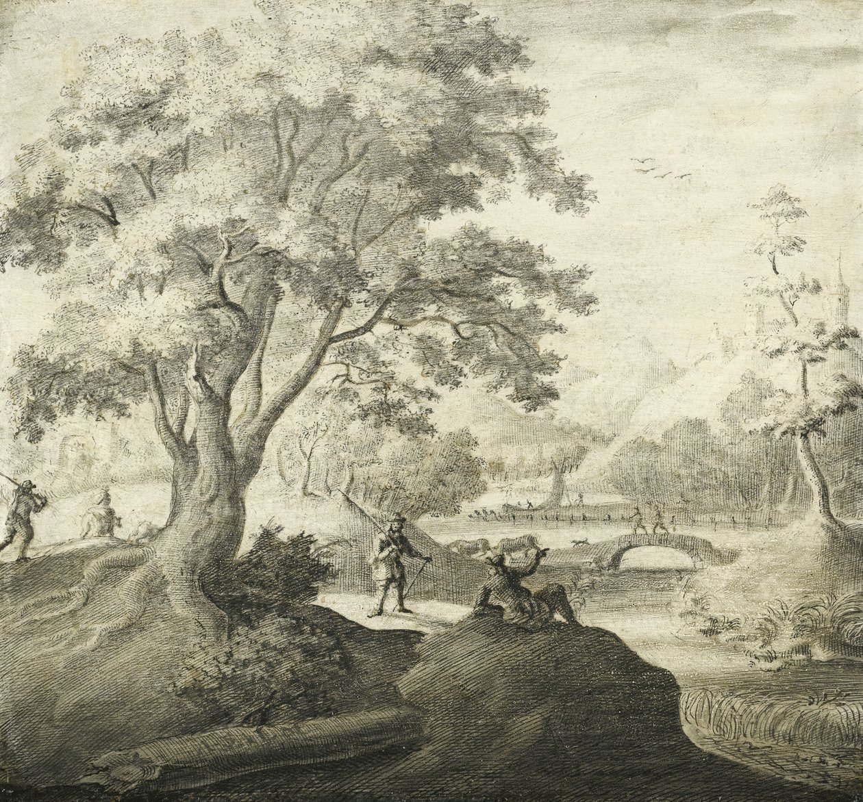 Flusslandschaften mit Personen, die sich entlang eines Pfades ausruhen von Adriaen van Salm