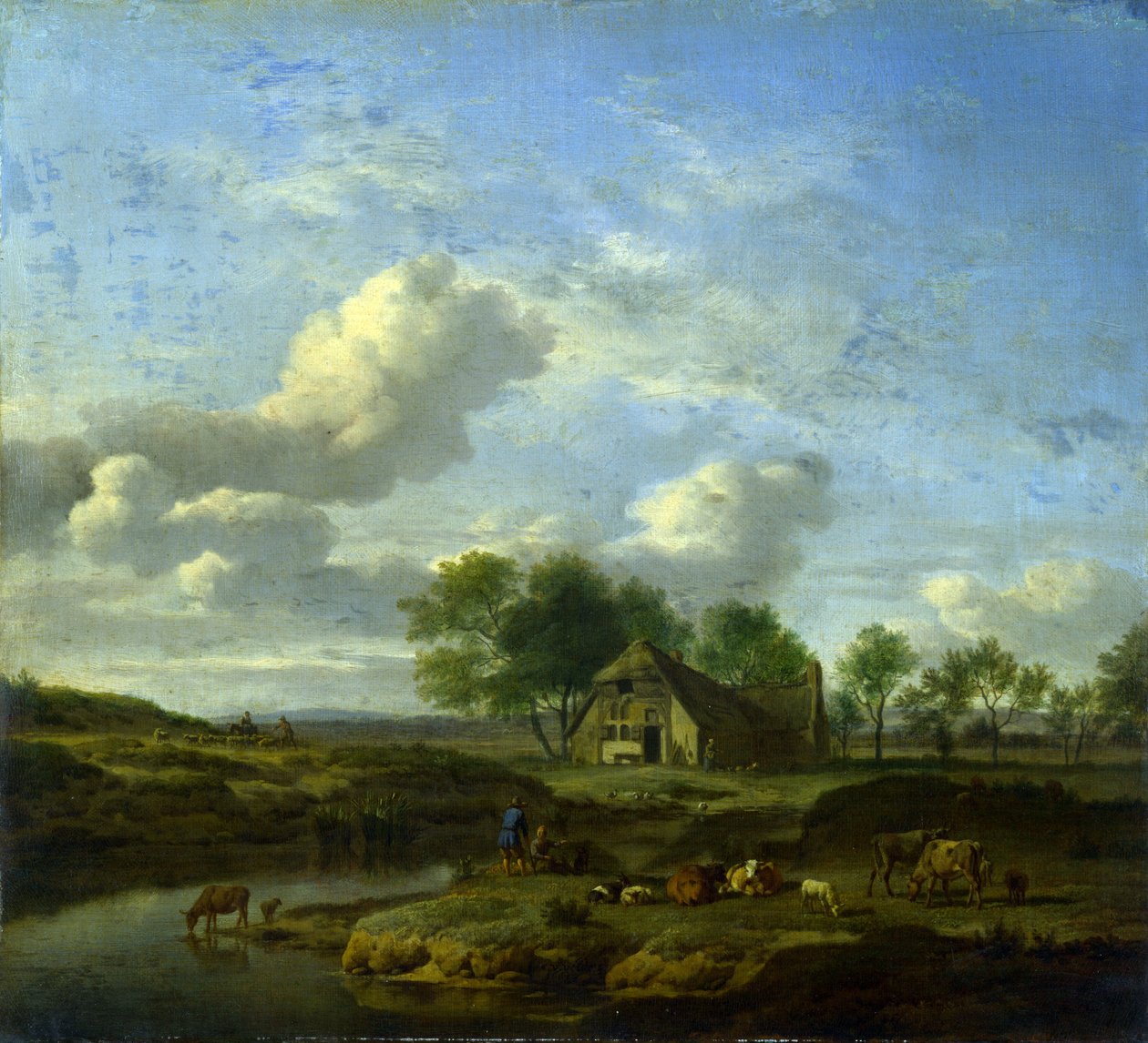 Eine Landschaft mit einem Bauernhof an einem Bach von Adriaen van de Velde